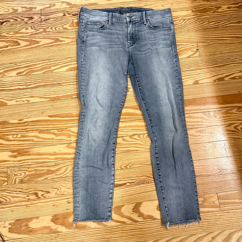 MOTHER Grayish Blue Women's Skinny Jeans, Cropped Frayed Hem - Picture 4 of 11